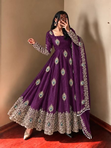 Royal Purple Fendy Silk Gown with Heavy Micro Cotton Inner at Manufacturer  Ready To Wear Collection