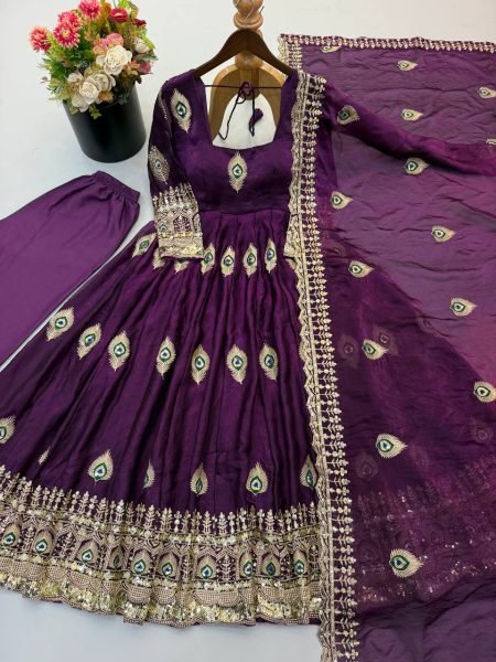 Royal Purple Fendy Silk Gown with Heavy Micro Cotton Inner at Manufacturer  Ready To Wear Collection