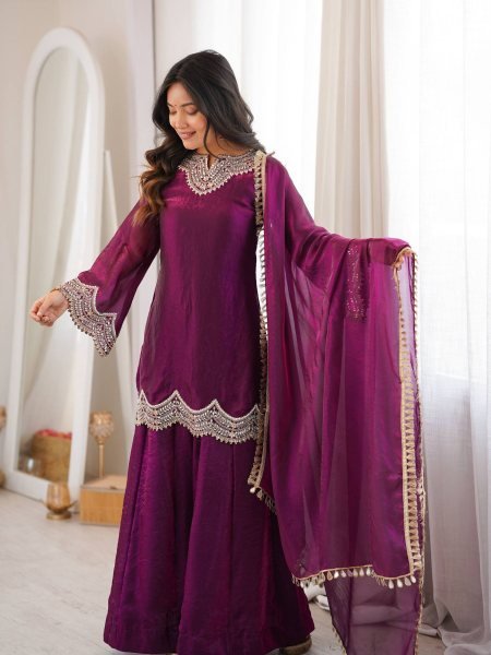 Royal Purple Fendy Silk Kurta With Mirror Work For Women At Party Wear Ready To Wear Collection
