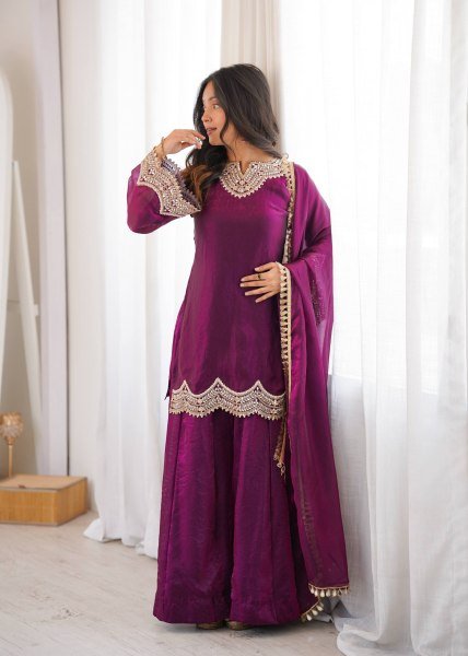 Royal Purple Fendy Silk Kurta With Mirror Work For Women At Party Wear Ready To Wear Collection