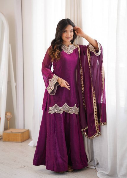 Royal Purple Fendy Silk Kurta With Mirror Work For Women At Party Wear Ready To Wear Collection