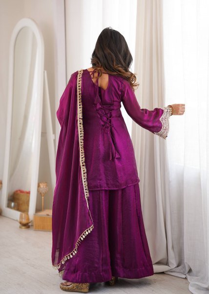 Royal Purple Fendy Silk Kurta With Mirror Work For Women At Party Wear Ready To Wear Collection