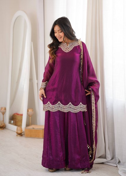 Royal Purple Fendy Silk Kurta With Mirror Work For Women At Party Wear Ready To Wear Collection