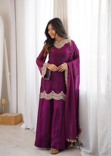 Royal Purple Fendy Silk Kurta With Mirror Work For Women At Party Wear Ready To Wear Collection