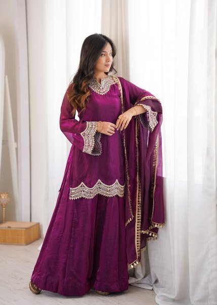 Royal Purple Fendy Silk Kurta With Mirror Work For Women At Party Wear Ready To Wear Collection
