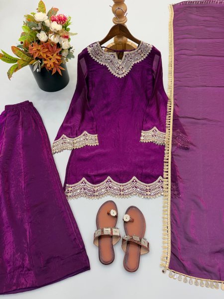 Royal Purple Fendy Silk Kurta With Mirror Work For Women At Party Wear Ready To Wear Collection