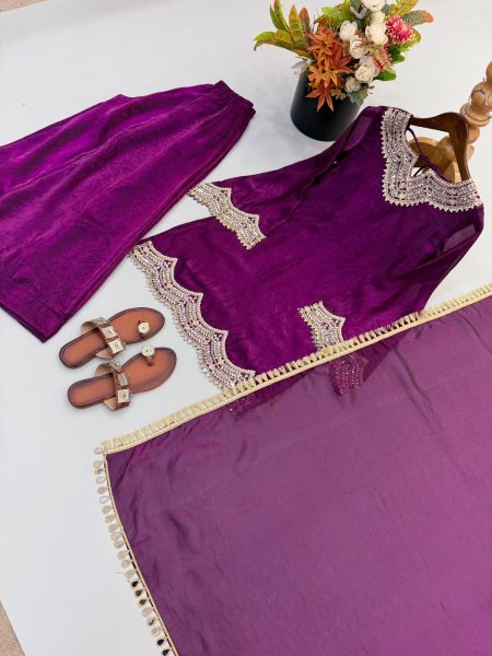 Royal Purple Fendy Silk Kurta With Mirror Work For Women At Party Wear Ready To Wear Collection