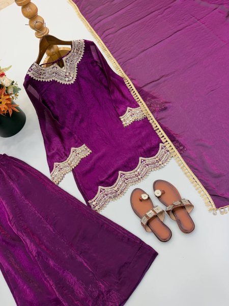 Royal Purple Fendy Silk Kurta With Mirror Work For Women At Party Wear Ready To Wear Collection