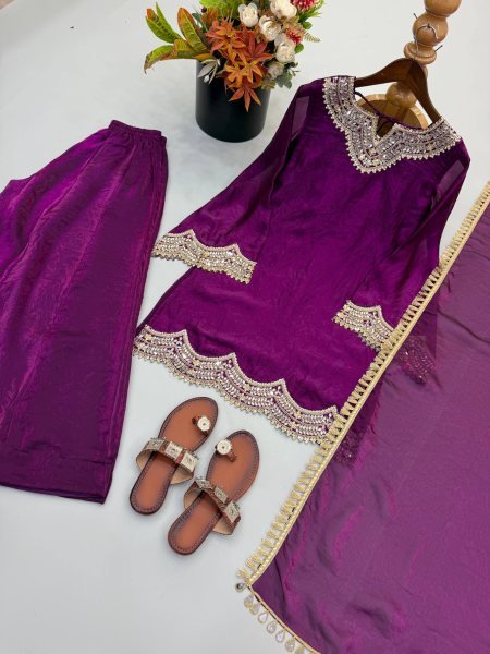 Royal Purple Fendy Silk Kurta With Mirror Work For Women At Party Wear Ready To Wear Collection