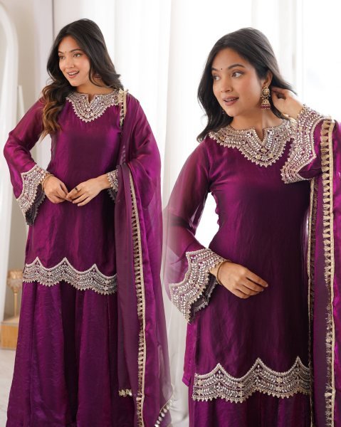 Royal Purple Fendy Silk Kurta With Mirror Work For Women At Party Wear Ready To Wear Collection