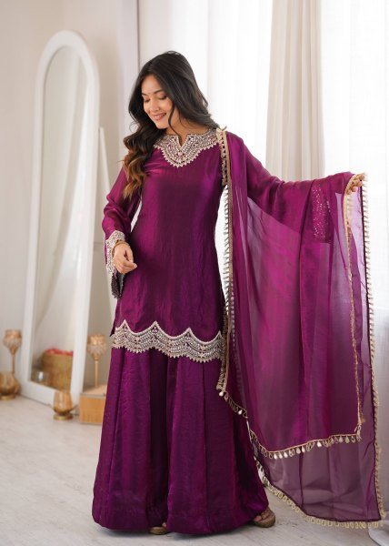 Royal Purple Fendy Silk Kurta With Mirror Work For Women At Party Wear Ready To Wear Collection