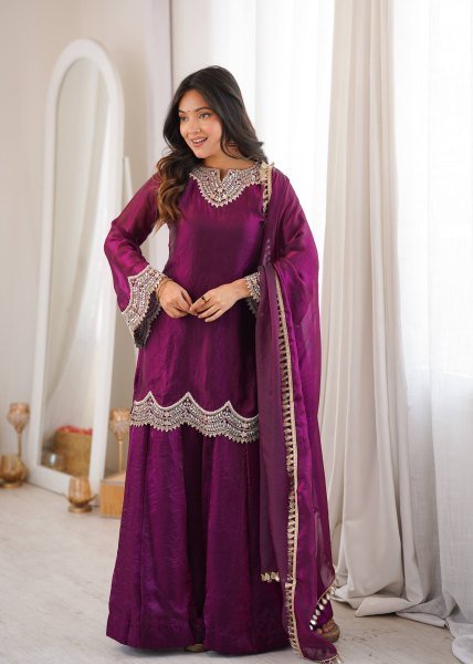 Royal Purple Fendy Silk Kurta With Mirror Work For Women At Party Wear Ready To Wear Collection