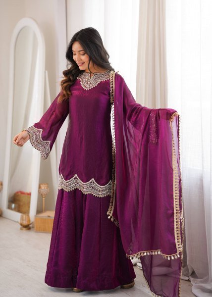 Royal Purple Fendy Silk Kurta With Mirror Work For Women At Party Wear Ready To Wear Collection