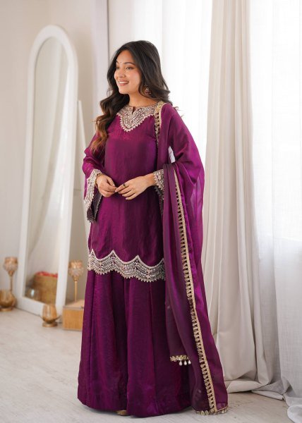 Royal Purple Fendy Silk Kurta With Mirror Work For Women At Party Wear Ready To Wear Collection