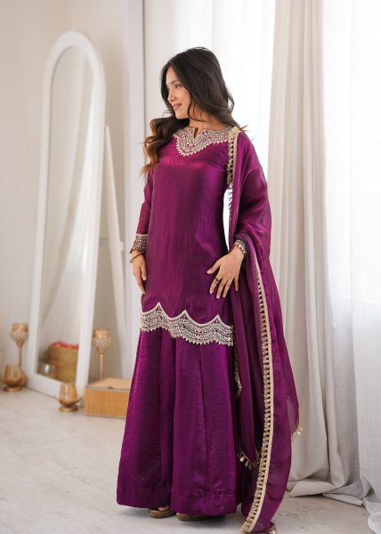 Royal Purple Fendy Silk Kurta With Mirror Work For Women At Party Wear Ready To Wear Collection