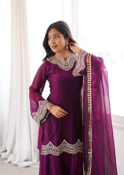 Royal Purple Fendy Silk Kurta With Mirror Work For Women At Party Wear Ready To Wear Collection