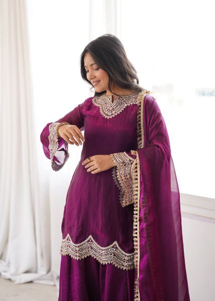 Royal Purple Fendy Silk Kurta With Mirror Work For Women At Party Wear Ready To Wear Collection