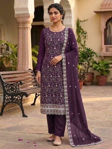 Royal Purple Festive Collection Vichitra Silk Embroidered Dress Material for Traditional Occasions Dress Material 