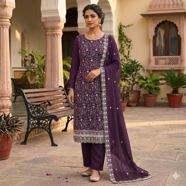 Royal Purple Festive Collection Vichitra Silk Embroidered Dress Material for Traditional Occasions Color Set Matching Dress Material Wholesale