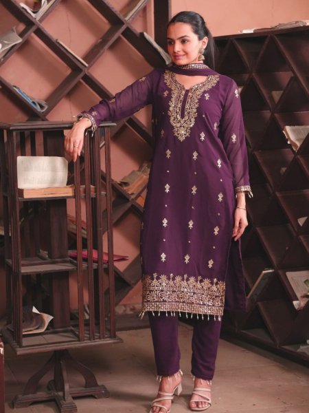 Royal Purple Georgette 3pc Set with Sequin Embroidery   Dupatta Perfect for Celebrations 3 Piece Kurti Set