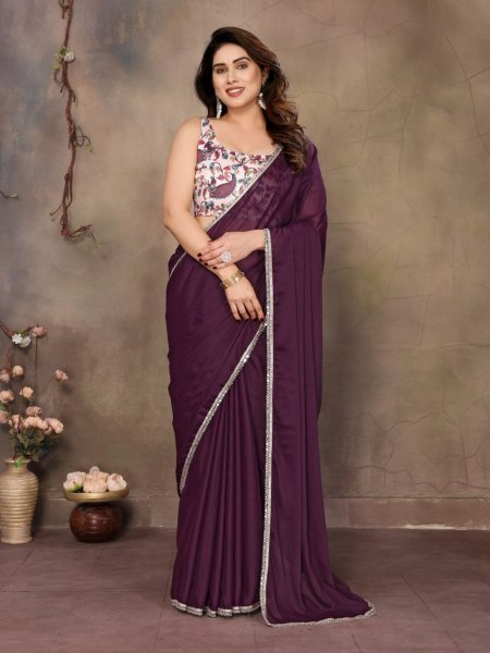 Royal Purple Georgette Mirror Work Saree Designer Partywear Collection Sarees 