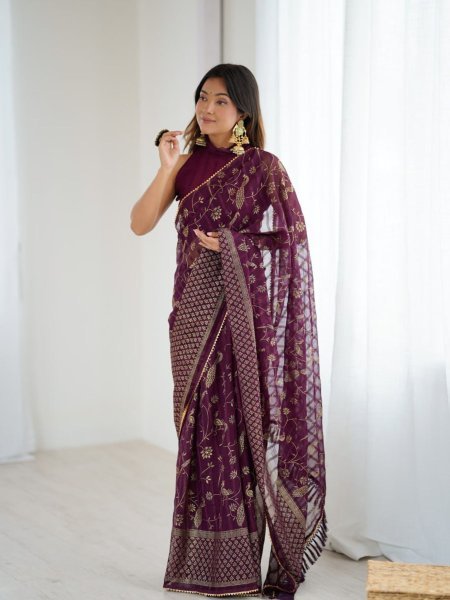 Royal Purple Georgette Saree with Designer Foil Print and Unstitched Blouse For Resellers Sarees 