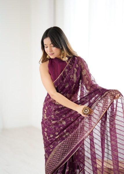 Royal Purple Georgette Saree with Designer Foil Print and Unstitched Blouse For Resellers Georgette Sarees Wholesale