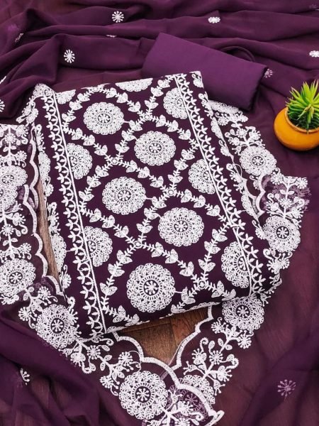 Royal Purple Georgette Suit Set with Elegant Embroidery & Crape Bottom Dress Material 