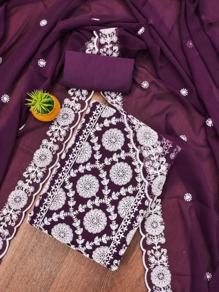 Royal Purple Georgette Suit Set with Elegant Embroidery & Crape Bottom Color Set Matching Dress Material Wholesale