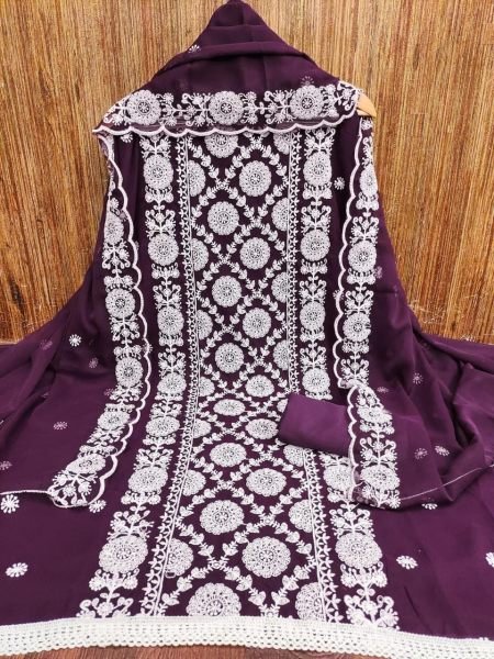 Royal Purple Georgette Suit Set with Elegant Embroidery & Crape Bottom Color Set Matching Dress Material Wholesale