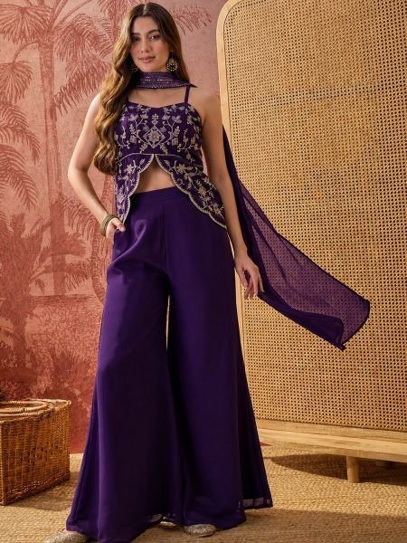 Royal Purple Georgette Top Palazzo Set With Dupatta For Fashionable Outfit 3 Piece Kurti Set