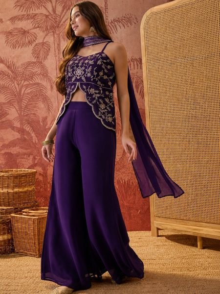 Royal Purple Georgette Top Palazzo Set With Dupatta For Fashionable Outfit 3 Piece Kurti Set