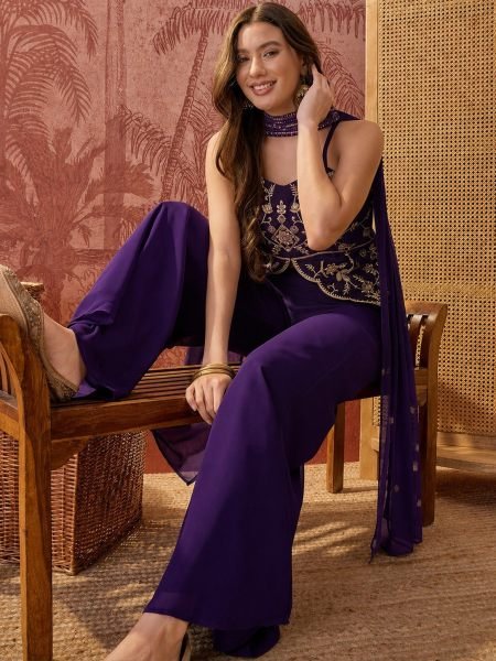 Royal Purple Georgette Top Palazzo Set With Dupatta For Fashionable Outfit 3 Piece Kurti Set
