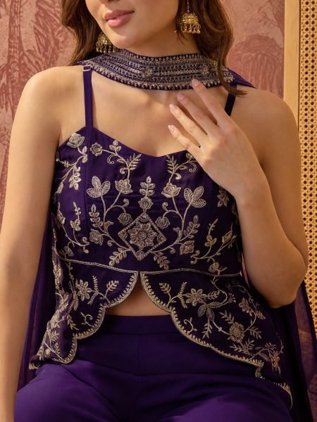 Royal Purple Georgette Top Palazzo Set With Dupatta For Fashionable Outfit 3 Piece Kurti Set