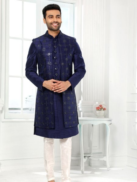 Artistic Navy Blue Heavy Embroidered Mens Jacket Set for Festive and Wedding Collection Mens Wear