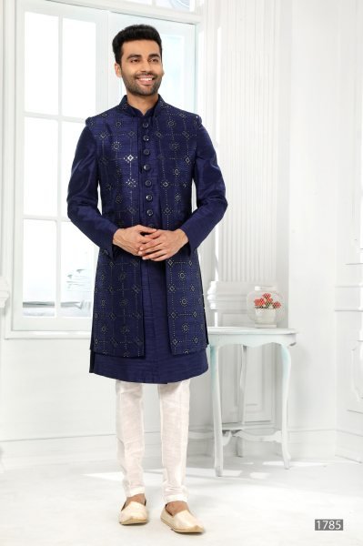Artistic Navy Blue Heavy Embroidered Mens Jacket Set for Festive and Wedding Collection Kurta Pajama Wholesale