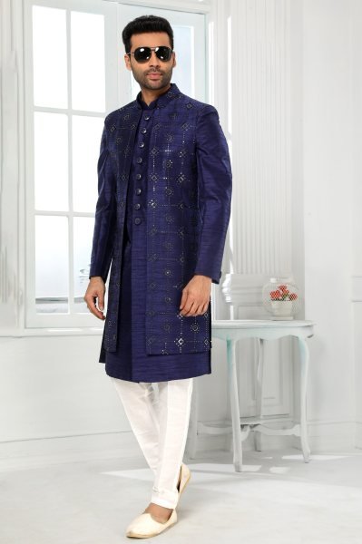 Artistic Navy Blue Heavy Embroidered Mens Jacket Set for Festive and Wedding Collection Kurta Pajama Wholesale