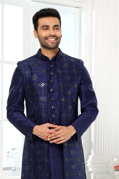 Artistic Navy Blue Heavy Embroidered Mens Jacket Set for Festive and Wedding Collection Kurta Pajama Wholesale