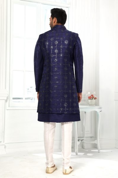 Artistic Navy Blue Heavy Embroidered Mens Jacket Set for Festive and Wedding Collection Kurta Pajama Wholesale