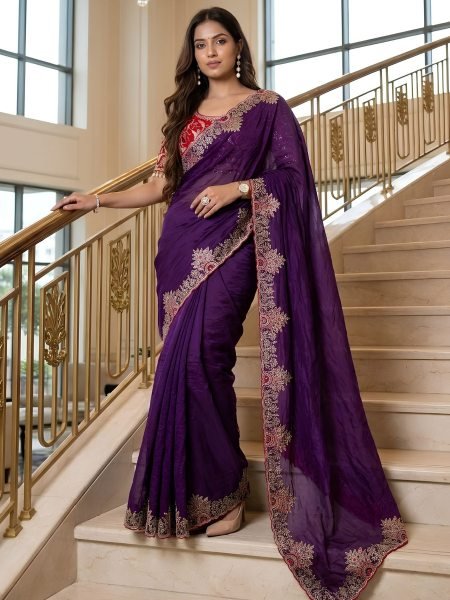 Royal Purple Instagram Trending Fendy Satin Designer Saree with Readymade Blouse Sarees 