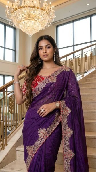 Royal Purple Instagram Trending Fendy Satin Designer Saree with Readymade Blouse Embroidery Sarees Wholesale