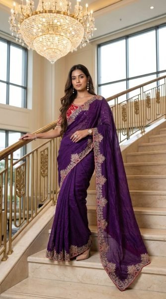 Royal Purple Instagram Trending Fendy Satin Designer Saree with Readymade Blouse Embroidery Sarees Wholesale
