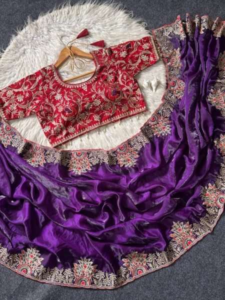 Royal Purple Instagram Trending Fendy Satin Designer Saree with Readymade Blouse Embroidery Sarees Wholesale