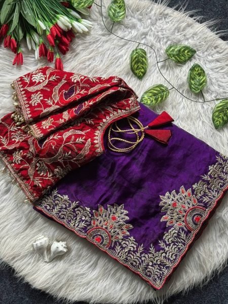 Royal Purple Instagram Trending Fendy Satin Designer Saree with Readymade Blouse Embroidery Sarees Wholesale