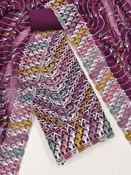 Royal Purple Jorjat Dress Material with Multicolor Siffly Work Festive Glam Look Color Set Matching Dress Material Wholesale