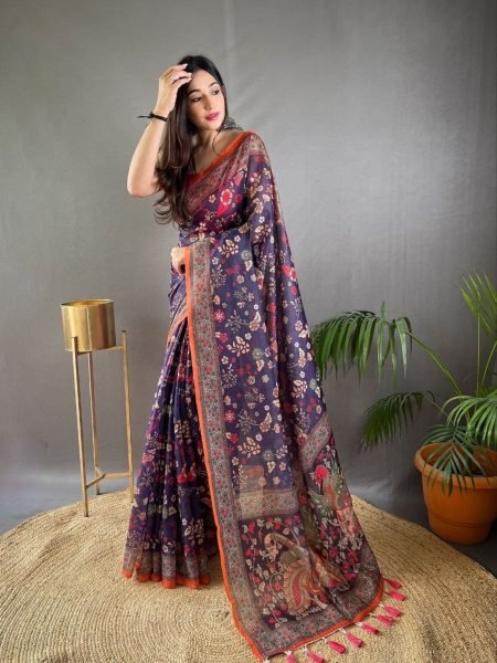 Royal Purple Kalamkari Print Pure Malai Cotton Saree With Unstitch Blouse Sarees 