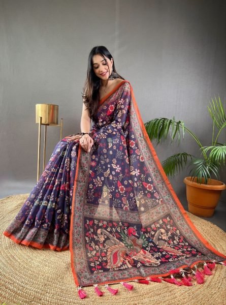 Royal Purple Kalamkari Print Pure Malai Cotton Saree With Unstitch Blouse Printed Cotton Sarees Wholesale