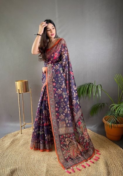 Royal Purple Kalamkari Print Pure Malai Cotton Saree With Unstitch Blouse Printed Cotton Sarees Wholesale