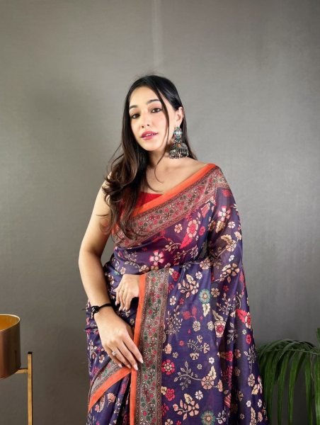 Royal Purple Kalamkari Print Pure Malai Cotton Saree With Unstitch Blouse Printed Cotton Sarees Wholesale