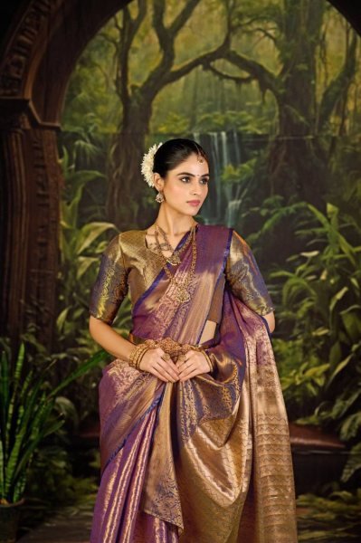 Royal Purple Kanjivaram Semi Silk Saree with Khaddi Border and Woven Brocade Blouse for Wedding Wear Banarasi Saree Wholesale